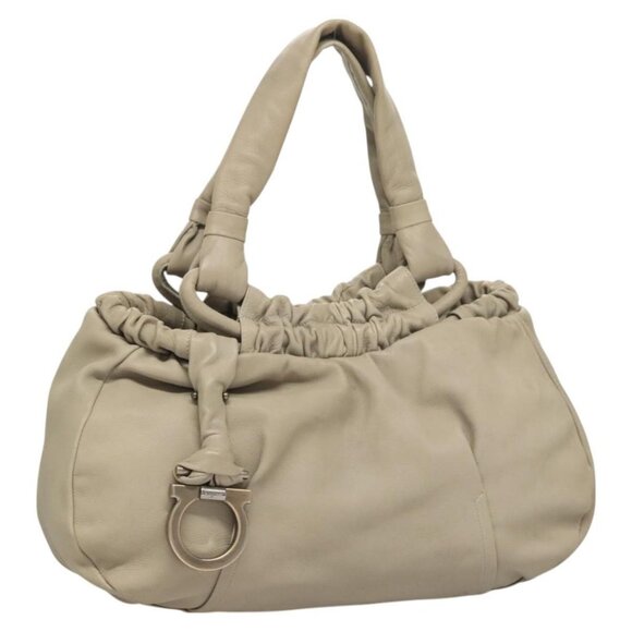 Salvatore Ferragamo Gancini Shoulder Bag Leather Beige Auth BA2736 - Picture 1 of 16